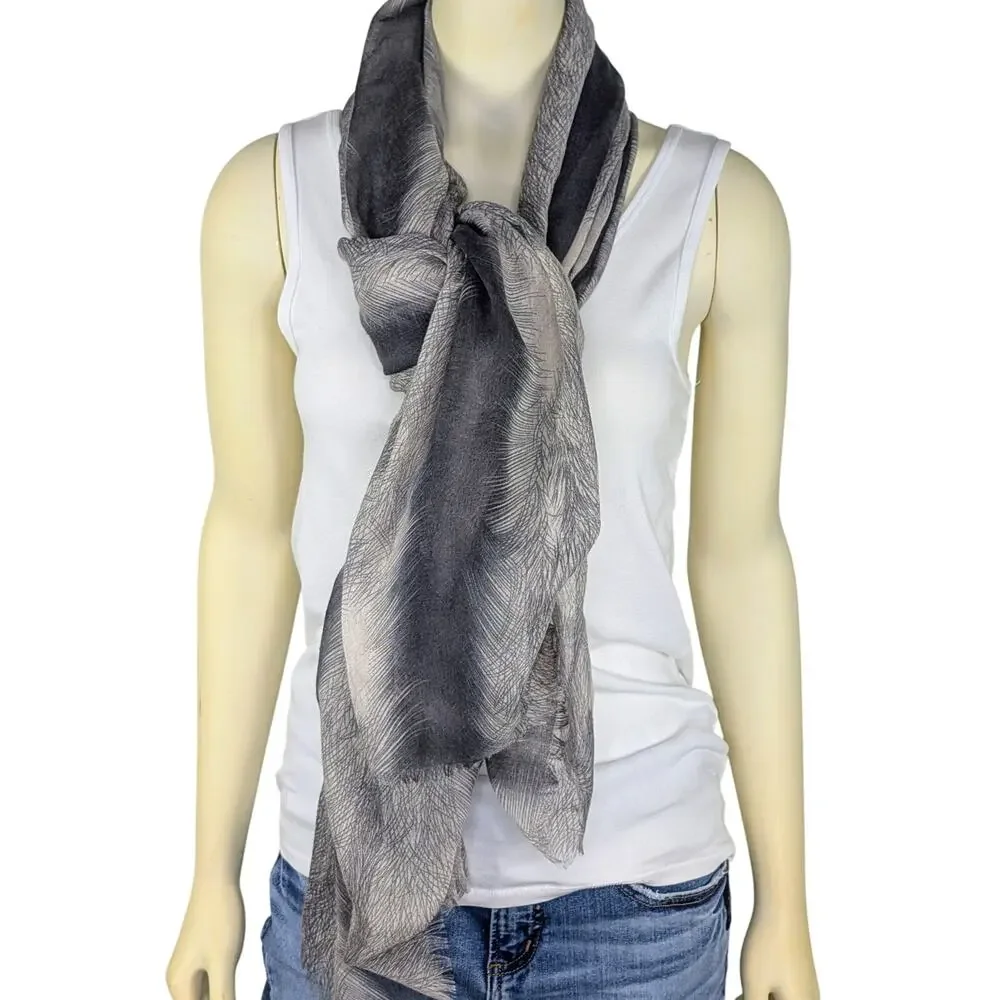 Eyelash Fringe Festival Scarf Multi Wear Wrap Feather Print Semi Sheer Boho Chic